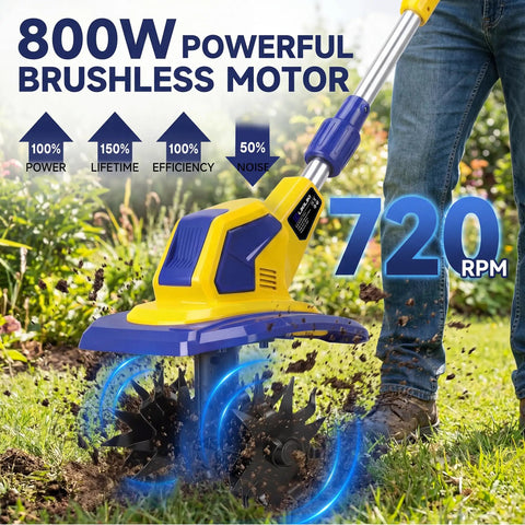 Cordless Garden Tiller Cultivator With 720 RPM Power being used in a garden, showing 9 inch width tilling and yellow design