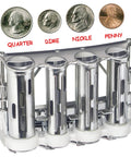 Four Barrel Chrome Steel Money Changer With Slotted Coin Barrels And Adjustable Hooks For Easy Access Holds 38 Quarters 56 Dimes 37 Nickels Pro Grade For Retail Cash Wraps And Tellers, with labeled coins above.