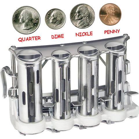 Four Barrel Chrome Steel Money Changer With Slotted Coin Barrels And Adjustable Hooks For Easy Access Holds 38 Quarters 56 Dimes 37 Nickels Pro Grade For Retail Cash Wraps And Tellers, with labeled coins above.