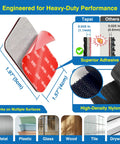 Heavy Duty Hook And Loop Adhesive Squares, 8 Pack, 1.97 X 1.57 Inches, acrylic foam strips, shown with dimensions and multiple surfaces
