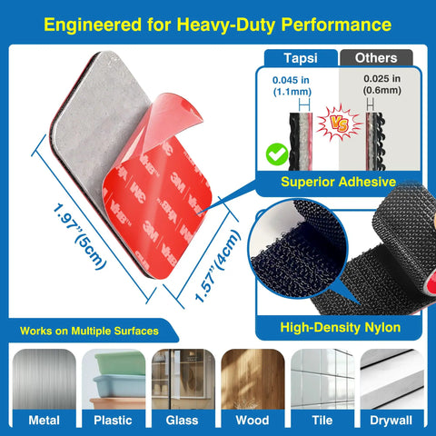 Heavy Duty Hook And Loop Adhesive Squares, 8 Pack, 1.97 X 1.57 Inches, acrylic foam strips, shown with dimensions and multiple surfaces