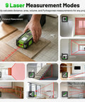 4 In 1 Digital Laser Tape Measure With Dual HD Display, 200 Ft Rechargeable Laser Distance Meter, 33 Ft Green Cross Line Laser, 10 Ft Tape, Handy For Quick Area, Volume, Pythagorean, And Leveling On Indoor Projects measuring distance, area, volume, and Pythagorean modes