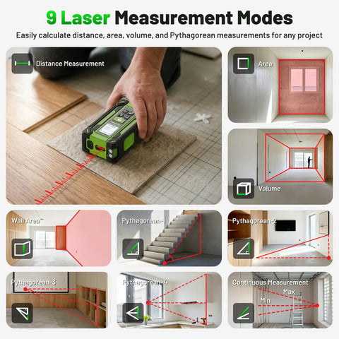 4 In 1 Digital Laser Tape Measure With Dual HD Display, 200 Ft Rechargeable Laser Distance Meter, 33 Ft Green Cross Line Laser, 10 Ft Tape, Handy For Quick Area, Volume, Pythagorean, And Leveling On Indoor Projects measuring distance, area, volume, and Pythagorean modes
