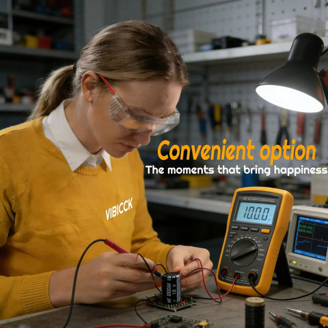 Person using multimeter with Mega Value 24 Value 630 Piece Electrolytic Capacitor Kit From 0.1uF To 1000uF for electronics project