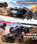 1 By 14 Scale Brushless RC Truck For Adults With 46 MPH Speed 4WD Off Road All Terrain Truggy Waterproof RC Car featuring extreme paddle tires and upgraded wheelie bar on sandy terrain.
