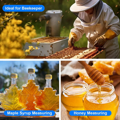 3-In-1 Honey Refractometer for Beekeepers With Brix, Moisture and Baume Readings, Factory Calibrated and Ready Out of the Box, Fast Accurate Measurements, No Guesswork, Portable ATC Kit With Glycerin Calibration to 78.8 Percent. Beekeeper using honey and syrup measurement images.