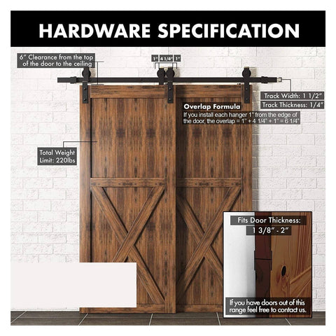 Bypass Sliding Barn Door Hardware Kit 6.6 Feet Rustic Single Track For Double Doors with specification details.