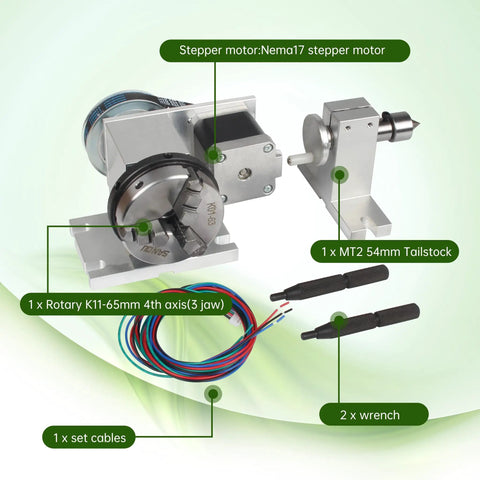 CNC Milling Machine Rotational Axis 4th Axis Kit With 65mm 3 Jaw Chuck And Nema17 Stepper Motor For CNC Engraving 54mm Tailstock 4 To 1 Reduction Belt Delay Mode High Precision Rotary Table For Machining