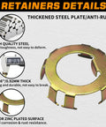 Beefy Heavy Duty D Style Trailer Spindle Nuts And Retainers Kit close-up of 0.036 inch thick zinc plated steel retainer