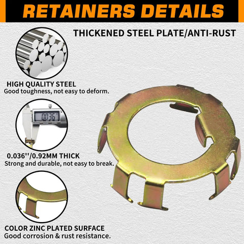 Beefy Heavy Duty D Style Trailer Spindle Nuts And Retainers Kit close-up of 0.036 inch thick zinc plated steel retainer