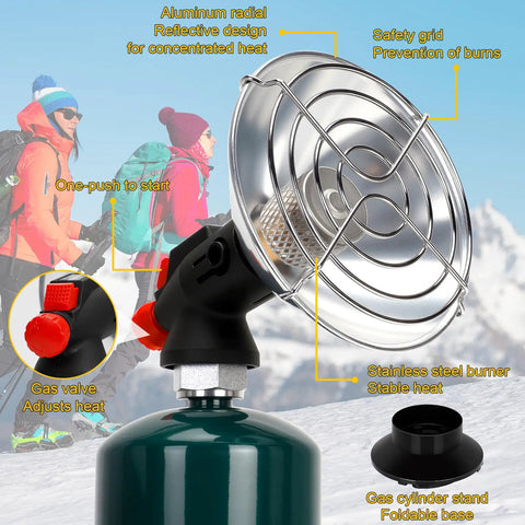 Portable Propane Heater for Outdoors with foldable tank holder, showing aluminum reflective design and stainless steel burner.