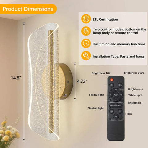 Bosomfr 14.8in Wall Sconces Rechargeable Battery Operated Wall Light with remote control and sparkly acrylic shade.