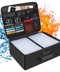 Open fireproof photo storage box with lock, 16 inner 4x6 photo cases, durable zipper, card holders, against fire and water backdrop