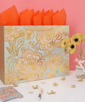 16.5 Inch Extra Large Rose Gold Gift Bag Set with Handles Greeting Card Tissue Paper and Stickers for Women and Girls