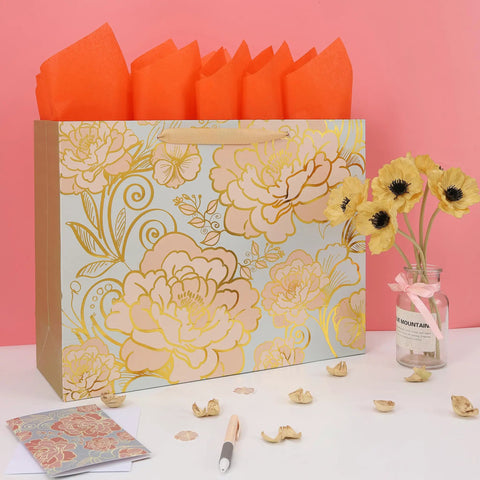 16.5 Inch Extra Large Rose Gold Gift Bag Set with Handles Greeting Card Tissue Paper and Stickers for Women and Girls