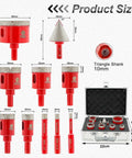 FOCSTOL diamond core drill bit set for tile; triangle shank; 10pcs incl 6-50mm bits and 35mm bevel bit; red case.