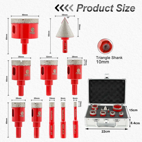 FOCSTOL diamond core drill bit set for tile; triangle shank; 10pcs incl 6-50mm bits and 35mm bevel bit; red case.