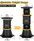 Heavy Duty Adjustable Bed Support Legs Gonna Stay Put All Night Long Zero Wobble Build Stops That Annoying Squeak Custom Height Adjusts 8.5 To 13 Inches Easy Assembly 4 Pack, showing height range and dimensions.