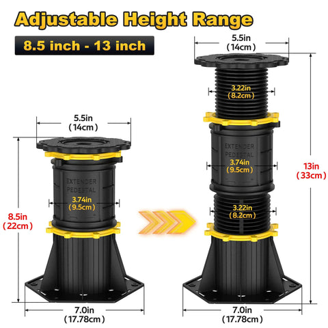 Heavy Duty Adjustable Bed Support Legs Gonna Stay Put All Night Long Zero Wobble Build Stops That Annoying Squeak Custom Height Adjusts 8.5 To 13 Inches Easy Assembly 4 Pack, showing height range and dimensions.