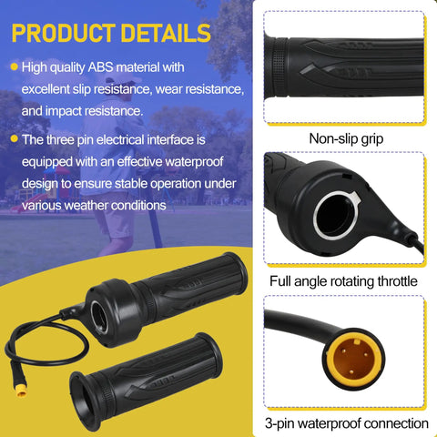 Full Twist Ebike Throttle 3 Pin Universal 12V 72V for Electric Bicycle Scooter Conversion Plug and Play, close-up view of throttle components.