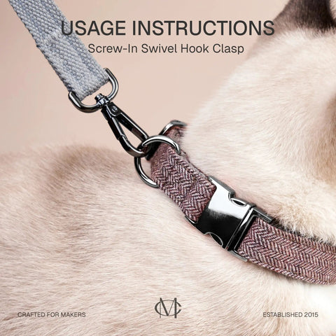 Close-up of a screw-in swivel hook clasp attached to a dog's collar, showcasing the clasp's secure connection and design.