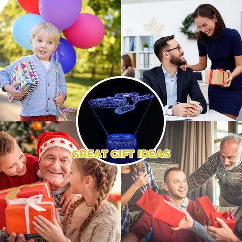 Collage of people receiving gifts with a Dope 3D Optical Illusion Night Light With Color Changing LEDs in the center.