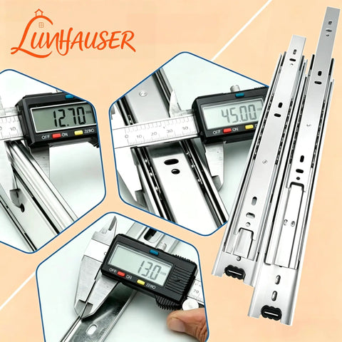 Slick Side Mount Drawer Slides Three Section Full Extension Cabinet Rails Beefy Alloy Steel Build measured with caliper.