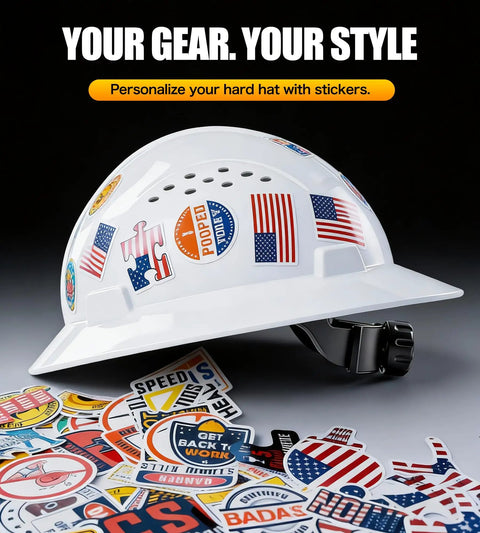 Side view of White Full Brim Hard Hat With 4 Point Adjustable Suspension OSHA Approved Work Ready Construction Helmet For Men ANSI Z89 1 Compliant, decorated with stickers