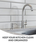 Stainless Steel Kitchen Soap Dispenser With Brushed Nickel Finish And 47 Inch Extension Tube Kit near faucet.