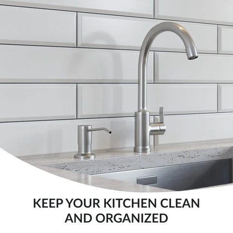 Stainless Steel Kitchen Soap Dispenser With Brushed Nickel Finish And 47 Inch Extension Tube Kit near faucet.