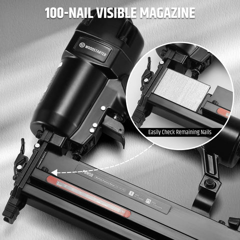 Close-up of 2 In 1 Pneumatic Brad Nailer And Stapler 18 Gauge showing 100-nail visible magazine feature.