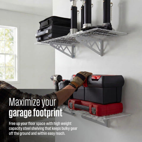 Heavy Duty Steel Garage Wall Shelves 2 Pack With Solid Built In Hooks White Wall Mounted Rack Holds Up To 300 Pounds Tool Storage Organizer For Bikes And Daily Gear 12 X 36 Inches
