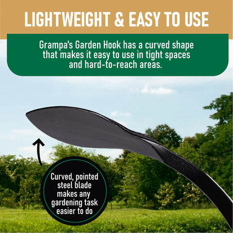 Curved steel blade of Garden Hook Weed Puller And Hand Cultivator Tool For Weeding, Tilling, Edging, lightweight and durable