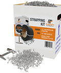 Top Notch Portable Strapping Kit With Half Inch Poly Banding Tool Three Thousand Feet Of Black Packing Seals Self Dispensing Box with wire buckles.