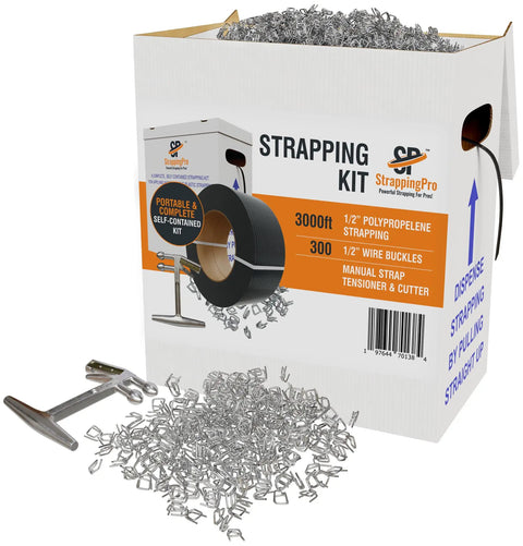 Top Notch Portable Strapping Kit With Half Inch Poly Banding Tool Three Thousand Feet Of Black Packing Seals Self Dispensing Box with wire buckles.