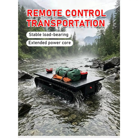 Motorized Heavy Equipment Mover With Remote Control For Machinery Transport And Industrial Duty Dolly on rocky river crossing