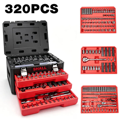 Beast 320 Piece Mechanic Tool Set with SAE/Metric sockets, ratchets, wrenches in red case for auto repair and DIY.