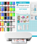 Silhouette Portrait 4 Vinyl Cutting Machine Starter Bundle With 9 Inch Precision Cutter Designer Edition Software, 24 Sheets Oracle Adhesive Vinyl, Essential Tool Kit And 25 Free Design Files For Easy Crafting Projects display with various vinyl rolls and tools.