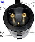 Close-up view of Slick Tesla To J1772 Adapter Sixty Amp Plug And Play Setup showing solid brass pins and lock assembly.