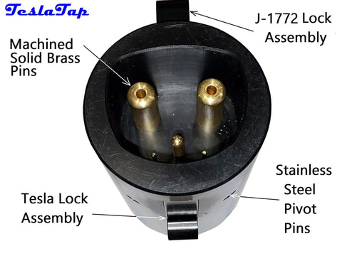Close-up view of Slick Tesla To J1772 Adapter Sixty Amp Plug And Play Setup showing solid brass pins and lock assembly.