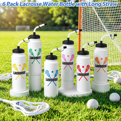 6 Pack Lacrosse Water Bottles With Extra Long Straws And Caps 1 Liter BPA Free Reusable Hydration Bottles on grass field