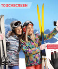 Women wearing Women's Waterproof Windproof Ski Gloves With 3M Thinsulate Insulation, Touchscreen Ready Snow Gloves For Skiing Snowboarding Hiking Outdoor Work, Pink Small, taking selfie with skis.