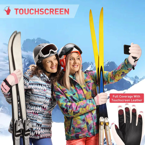 Women wearing Women's Waterproof Windproof Ski Gloves With 3M Thinsulate Insulation, Touchscreen Ready Snow Gloves For Skiing Snowboarding Hiking Outdoor Work, Pink Small, taking selfie with skis.