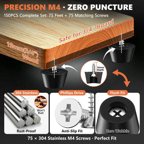 150 Piece Cutting Board Rubber Feet Kit With Stainless M4x16 Screws Non Slip Anti Skid Pads Includes 20 Large And 55 Medium Black Feet For Quick Mess Free Install, showcasing wood fit and features