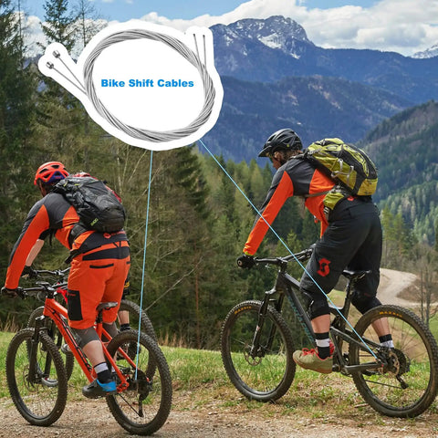 All In One Mountain Bike Brake Cable Kit Upgrade For MTB Ride Ready Pro Grade Full Replacement with two cyclists on trail