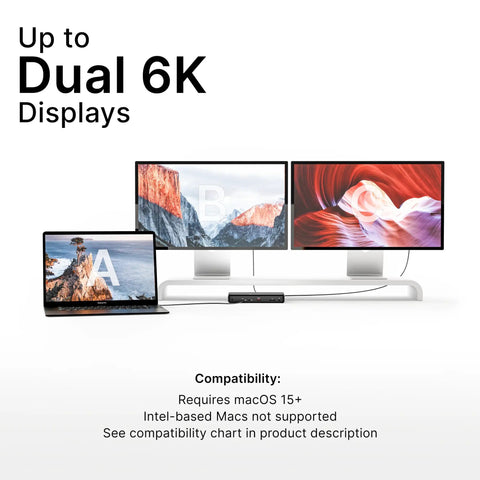 Top Shelf 12-In-1 Thunderbolt 5 Docking Station Featuring Integrated M.2 NVMe Bay Yields Dual 6K Outputs On Mac setup with laptop and dual displays.
