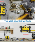 Heavy Duty Metal Power Strip With USB Ports 8 Outlets 2700 Joules Surge Protector shown mounted vertically and horizontally in workshop.