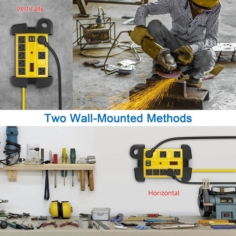 Heavy Duty Metal Power Strip With USB Ports 8 Outlets 2700 Joules Surge Protector shown mounted vertically and horizontally in workshop.