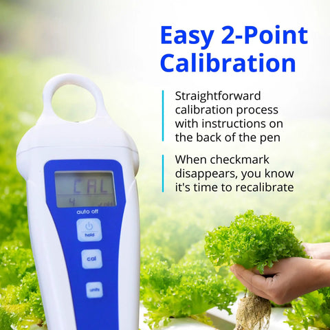 PH Meter Pen With Float For Hydroponics And Water Testing, 0.1 pH Accuracy, in garden setting, showing calibration instructions