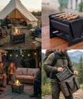 Collage of Compact Foldable Charcoal Grill For 1 To 2 People, tabletop use for camping, backyard, and picnics, showcasing easy portability.